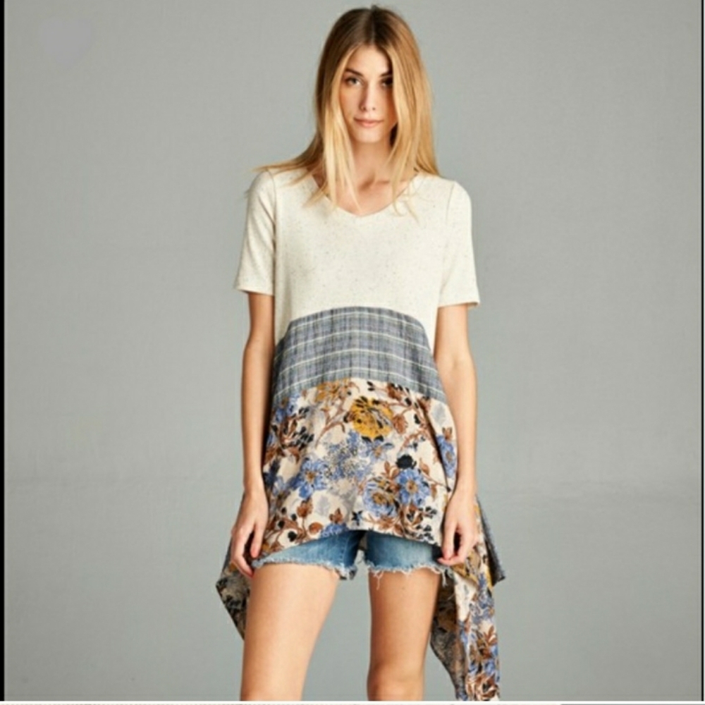 Boho plaid and floral print top
